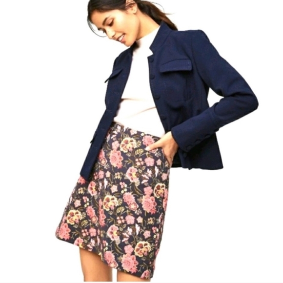 LOFT Poppy Bloom Mini Shift Skirt, Pink and Gray Floral Jacquard, Size 12 - Picture 2 of 6